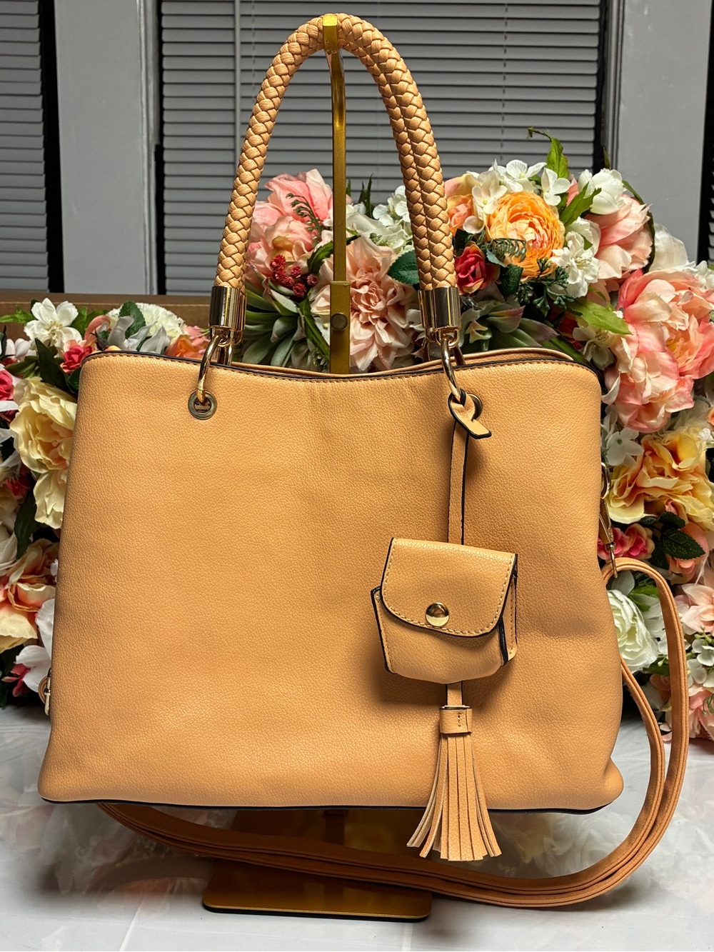 Structured Satchel Tan Braided Handles Tassel Crossbody Tote Bag